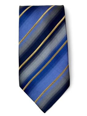 💎 3/$30 Emilio Ponti 100% Silk Men’s Tie Italy Hand Made Blue Gold Gray Striped